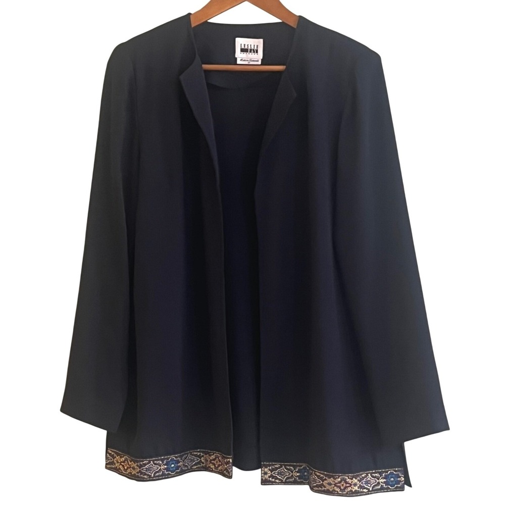 VTG Leslie Faye Navy Blue Chiffon Duster Tunic Embroidered Bottom Hem Size 12‎